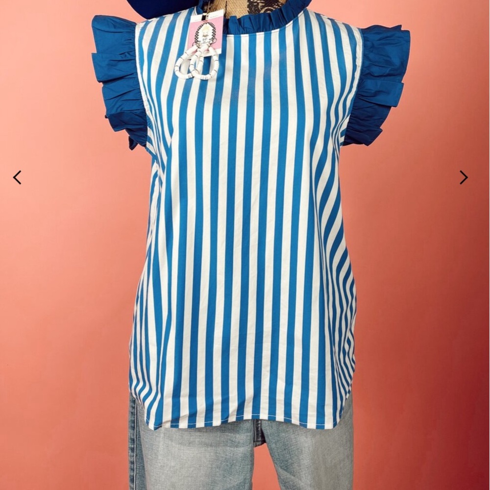Collection by Cezele blue striped ruffle sleeve/neck key hole with button top